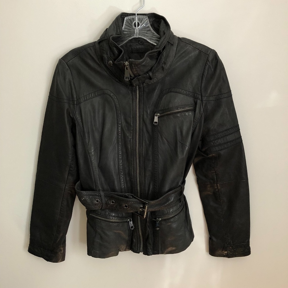 Andrew Marc Genuine Leather Biker Jacket Belted Black/Brown Womens XS FLAW